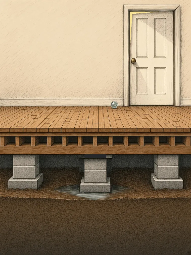 Room floor above a crawlspace where one pier has settled into wet soil