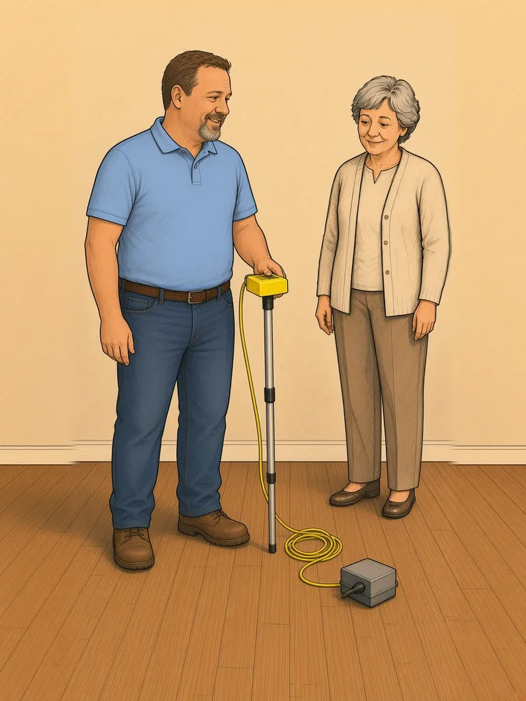 Field inspector measuring floor elevation while a homeowner watches