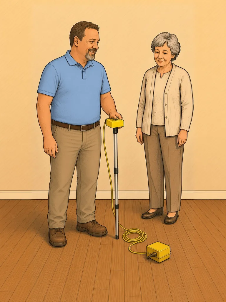 Field inspector measuring floor elevation while a homeowner watches