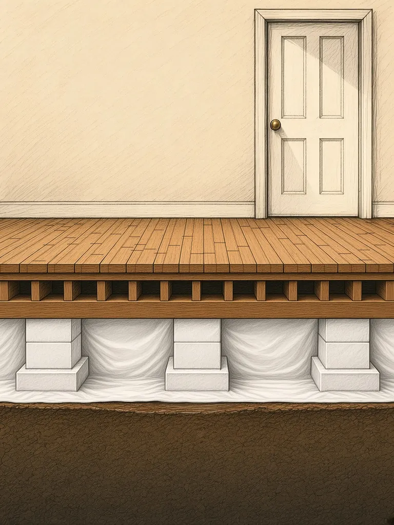 Sealed, dry crawlspace with every pier carrying the beam