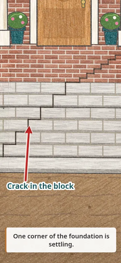 A stair-step crack runs through the block foundation at a settling corner.